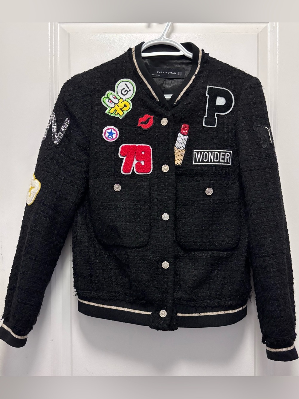 Zara Black Tweed Patchwork Varsity Jacket with Colorful Patches
